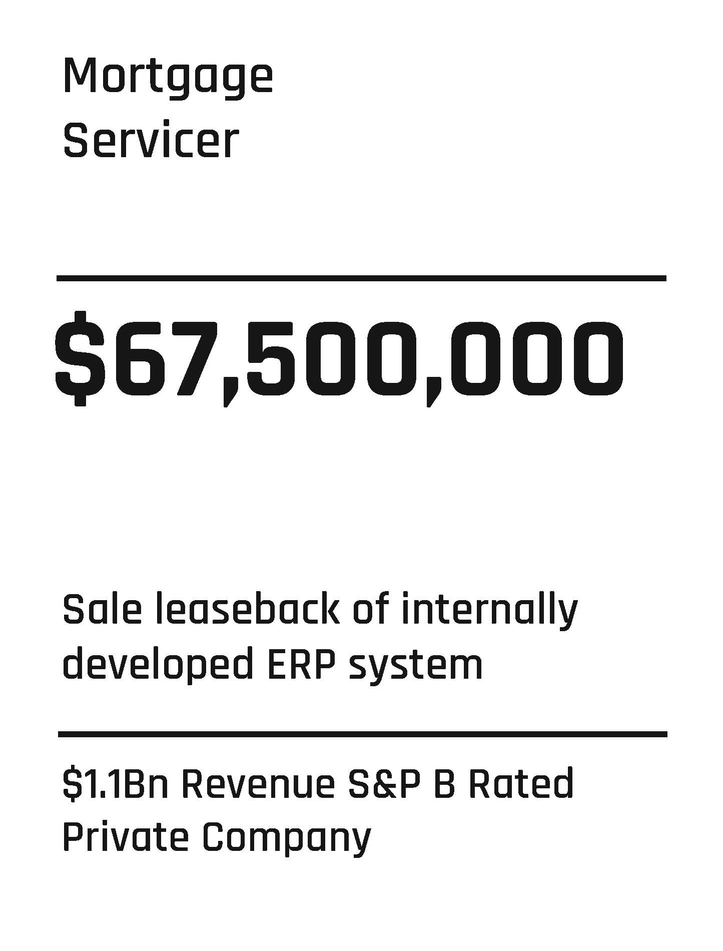 An image displaying financial information with the text: "Mortgage Servicer" at the top. Below, it shows "$67,500,000" emphasized in large, bold text. Additional details: "Sale leaseback of internally developed ERP system," and "$1.1Bn Revenue S&P B Rated Private Company specializing in equipment finance.