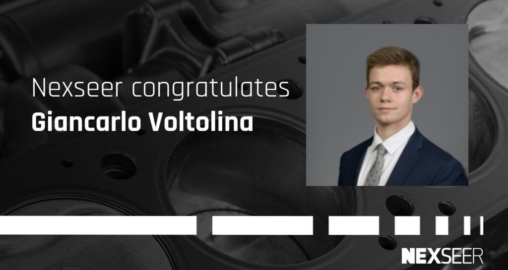 A congratulatory message from Nexseer Capital for Giancarlo Voltolina. The image includes a professional headshot of a young man in a suit and tie. The background features mechanical parts, and the Nexseer logo is visible at the bottom. Giancarlo joins the esteemed ranks of NextGen 40 Under 40 honorees.